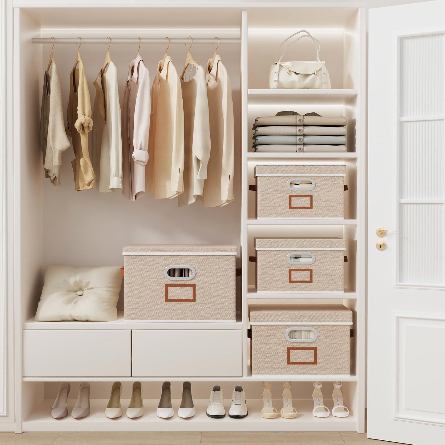 OUTBROS 3 Set fabric Storage Boxes with lids, 32x23x20cm Baskets, Beige
