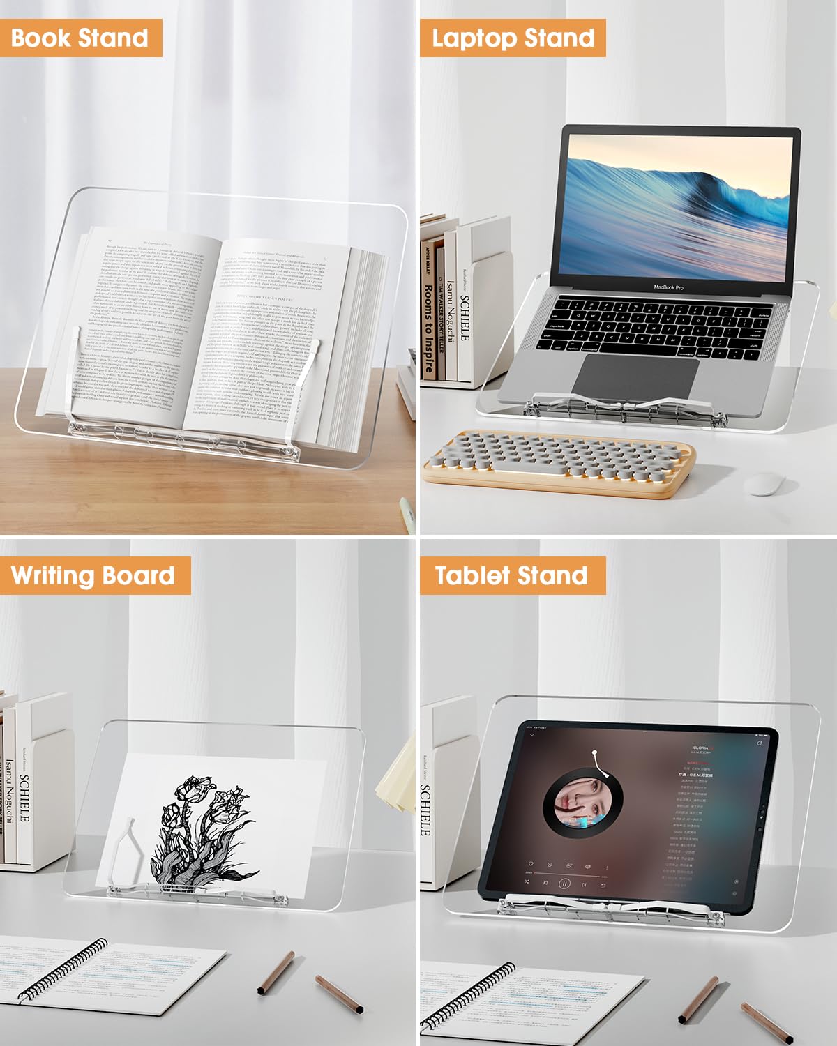 Acrylic Book Stand for Reading, MSDADA Adjustable Book Holder, Foldable Recipe Cook Book Stand for Kitchen