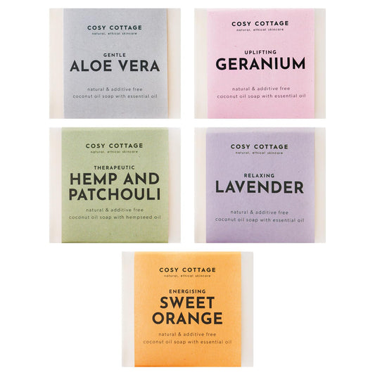 Cosy Cottage Natural Soap Bar Gift Set |5 x 110g | Handmade Vegan Soap Bars | Sweet Orange, Lavender, Geranium & Orange, Hemp & Patchouli, Aloe Vera |