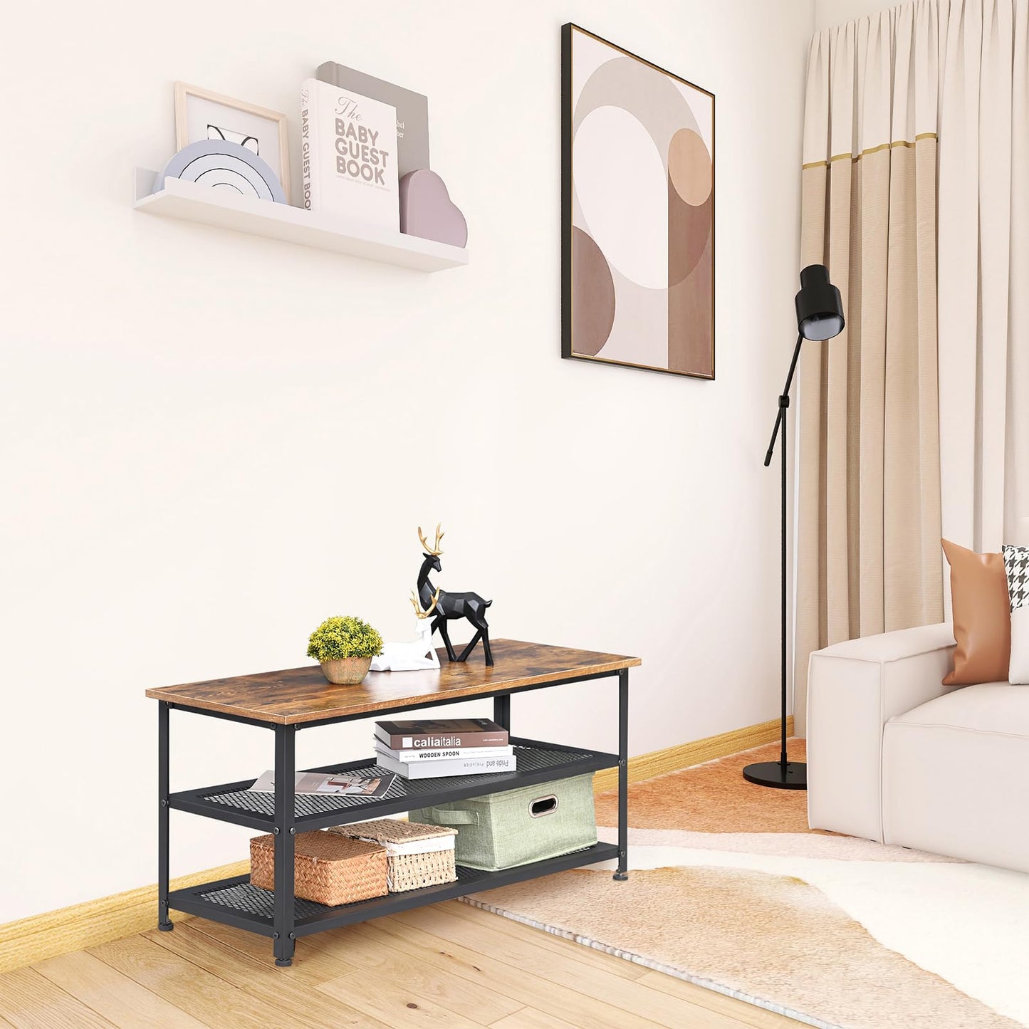 H JINHUI Shoe Bench, Industrial Shoe Rack with Mesh Shelves, 100 x 38 x 45 cm Storage Organiser Shelf, Steel Structure, for Living Room, Bedroom