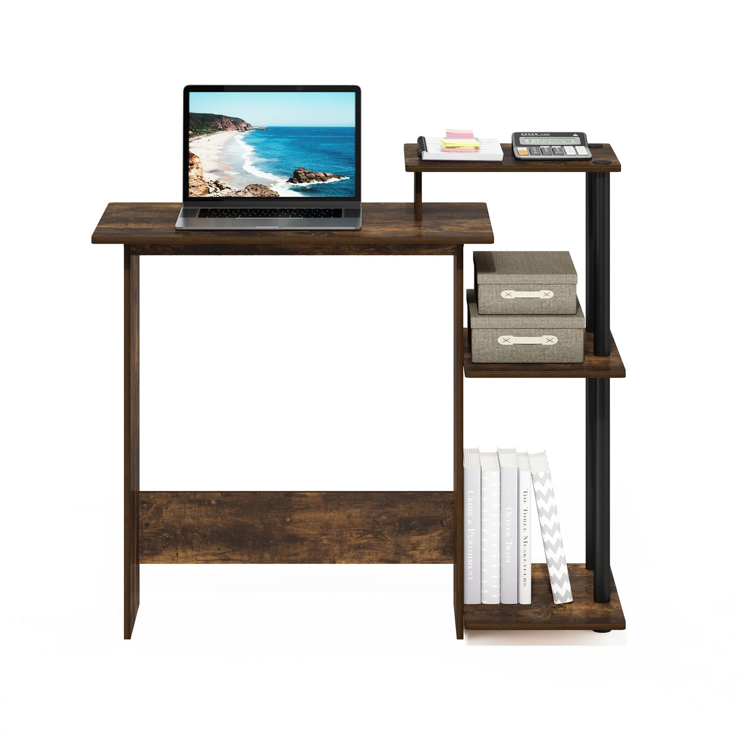 Furinno EFFICIENT Desk, Gaming Desk, with 3 Open Side Shelves, Laptop Notebook Computer Desk,Office Desk for Home Office, Study Room, Dorm, Amber Pine