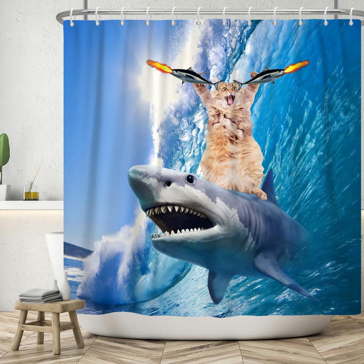SDOTPMT 180x180cm Funny Cute Cat Shark Shower Curtain Blue Ocean Wave Bathtub Curtian Summer Cartoon Painting Bath Curtain for Kids Bathroom Decor