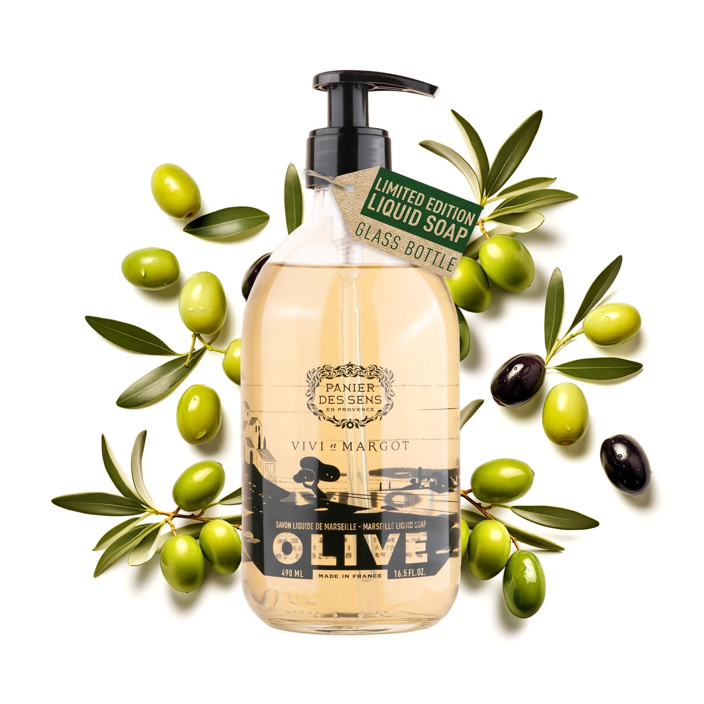Gift Idea - Limited Liquid Marseille Soap Olive - Glass - Moisturising Liquid Hand Soap - Olive, Argan & Coconut Oil - 98% Natural Ingredients - Hand