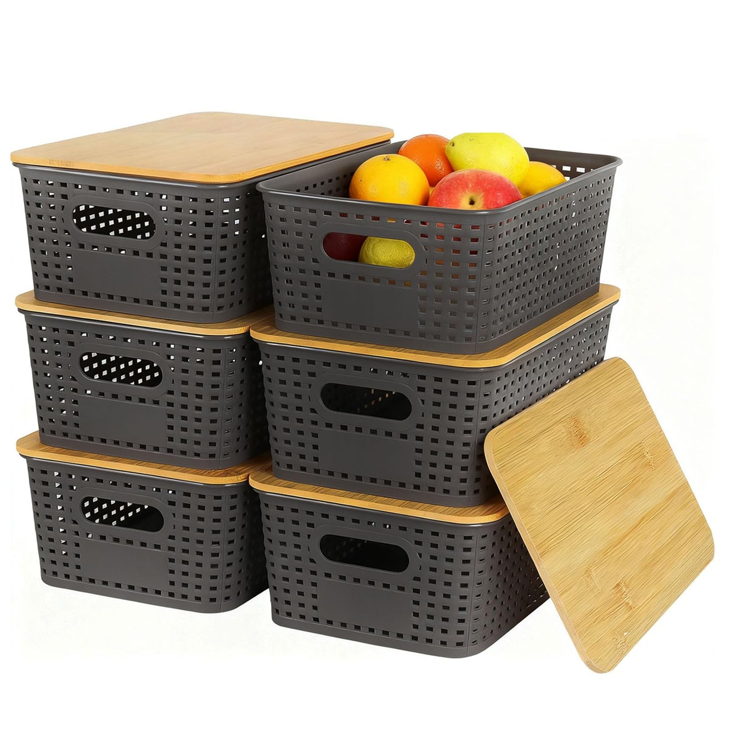 6 Pack Stackable Plastic Storage Boxes with Bamboo Lids & Handles, Ventilated Mesh Baskets for Kitchen/Bathroom Storage