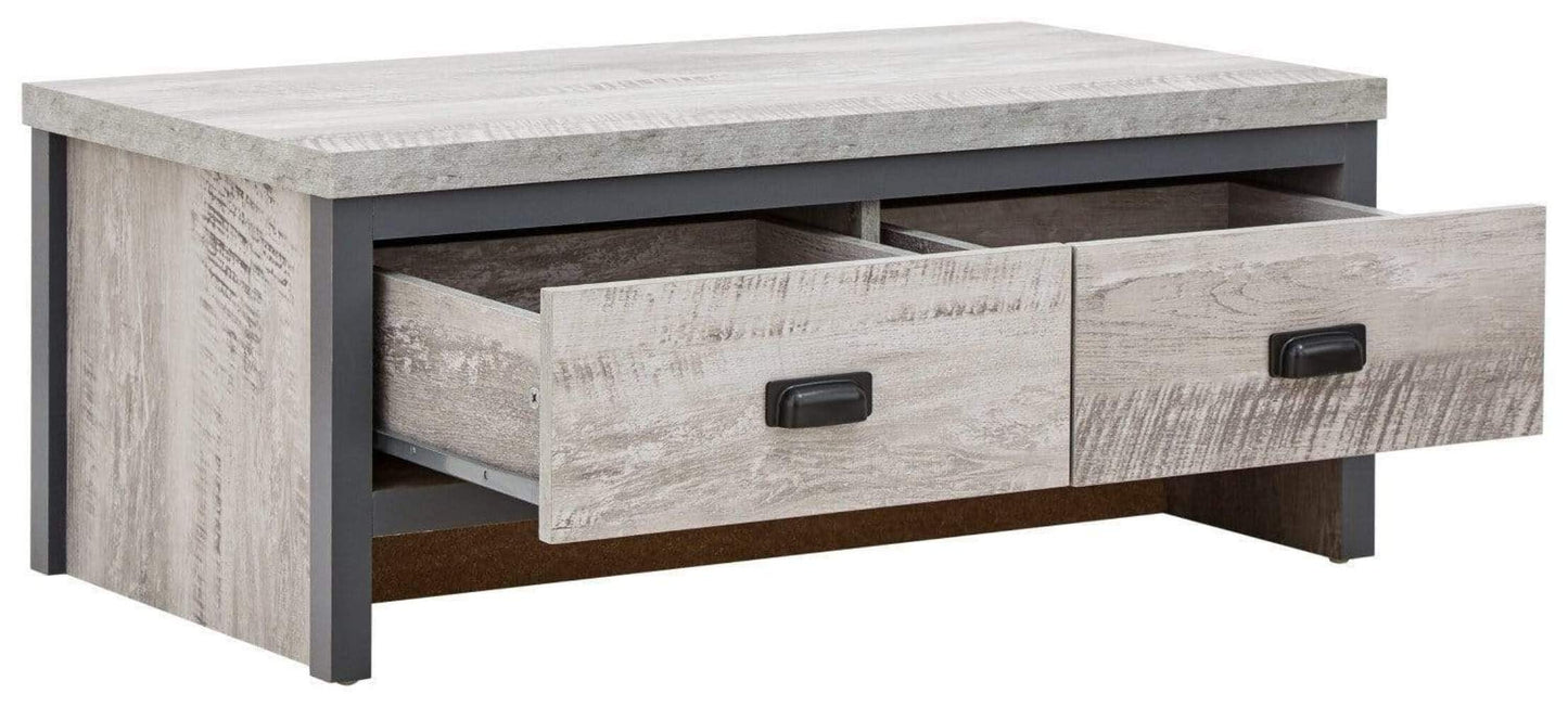 GFW Boston Grey Wood Effect Coffee Table, 2 Drawer Storage Coffee Table with Industrial Design and Chunky 30mm Top
