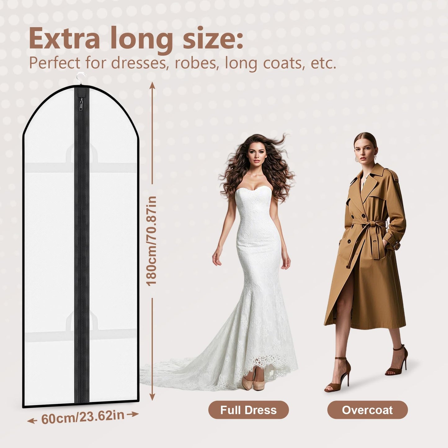 AMFUN Dress Bag,Full Length Travel Suit Bag with Zipper, Dust-proof Clothes Covers Protector Bags,Gown Garment Bag for Long Dresses, 180×60 cm (White)