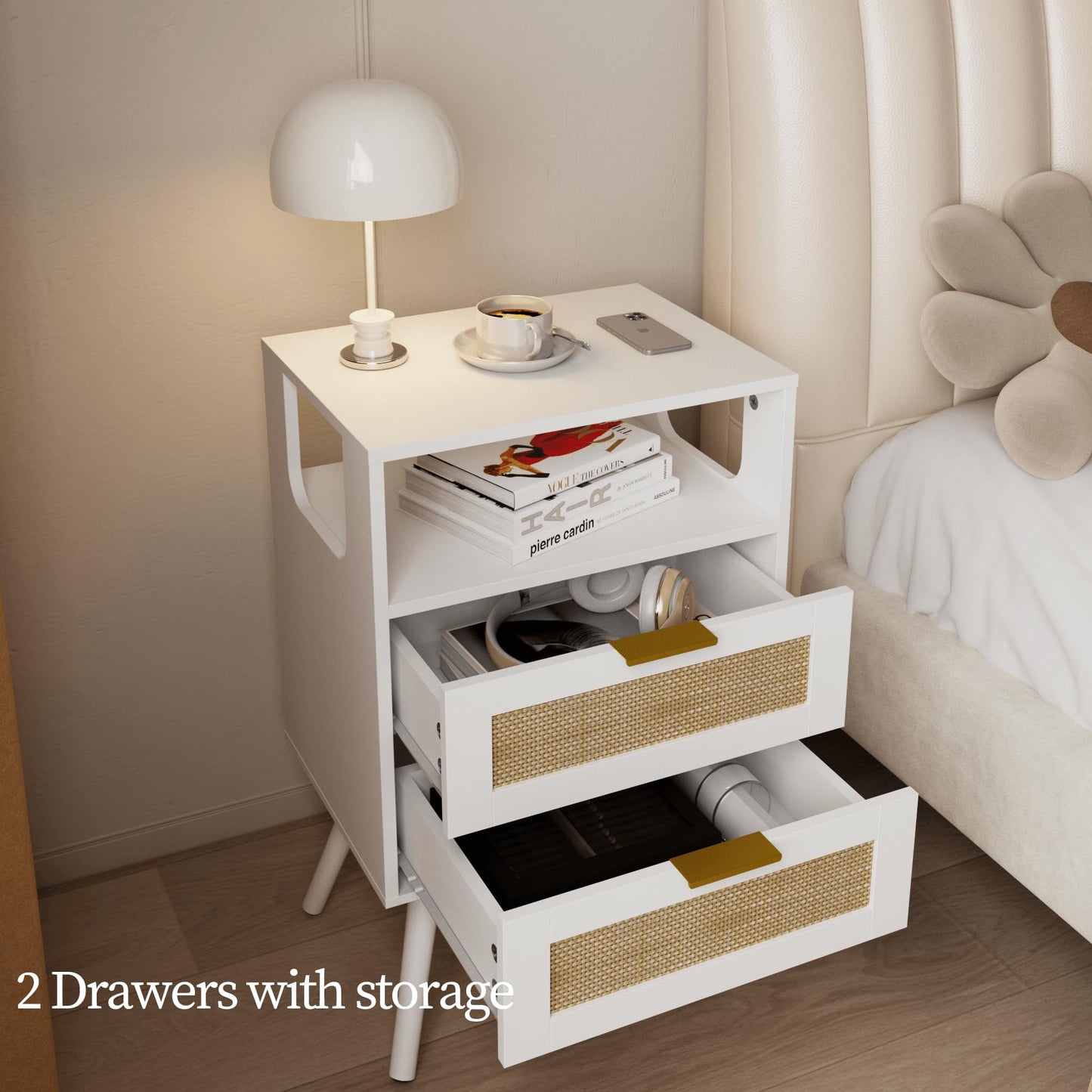 JERX Rattan Bedside Table, Farmhouse Nightstand with 2 Storage Drawer and Open Wood Shelf, for Living Room, Bedroom and Small Spaces