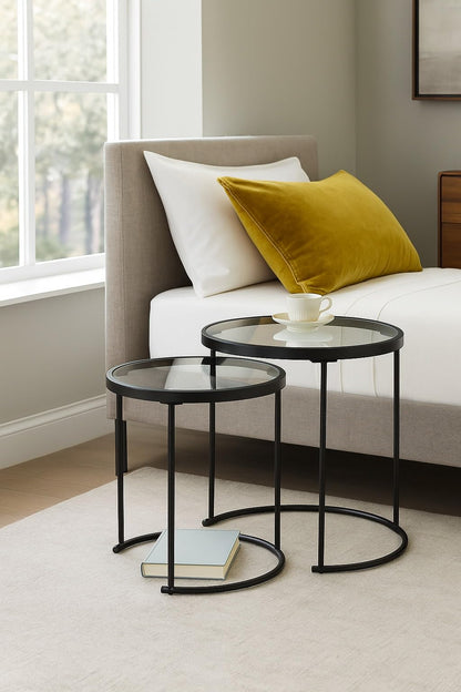 ASPECT Visio Set of 2 Round Nesting Table-Clear Glass Top/Black Frame Clear/Black