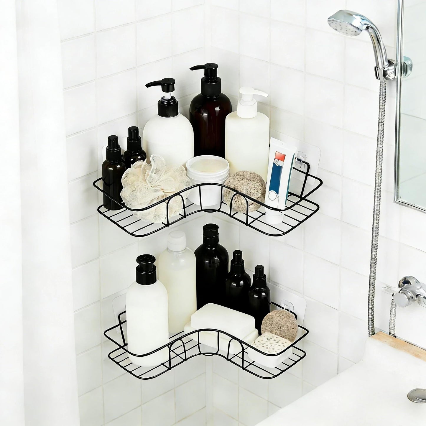 Plliocse 2 Pack Corner Shower Caddy, Wall-Mounted Shower Corner Shelves with 8 Adhesive Hooks, Rustproof Bathroom Shelf Storage No Drilling