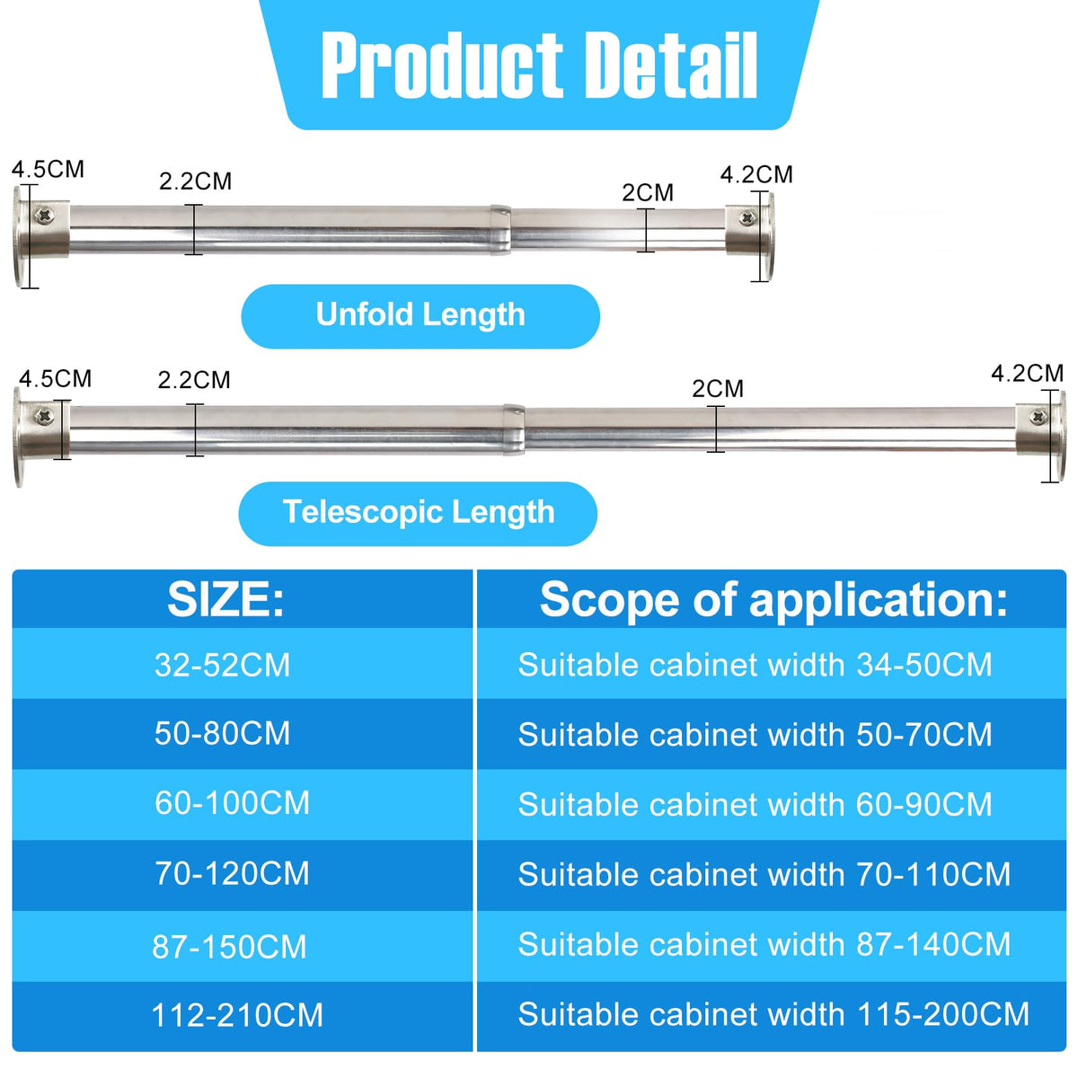 Wardlock 69-120cm Extendable Stainless Steel Wardrobe Rail, Adjustable Clothes Rail Pole With U Shaped End Sockets.