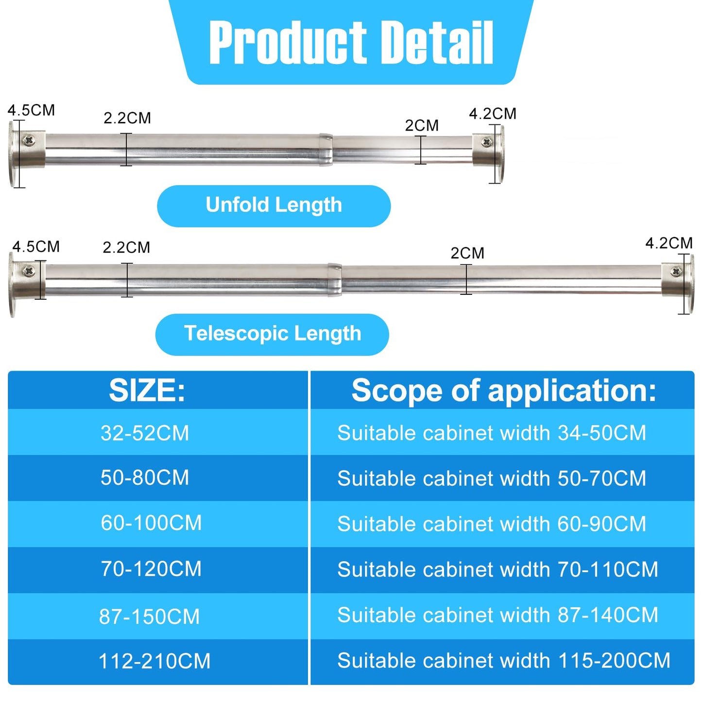 Wardlock 112-210cm Extendable Stainless Steel Wardrobe Rail, Adjustable Clothes Rail Pole With U Shaped End Sockets.
