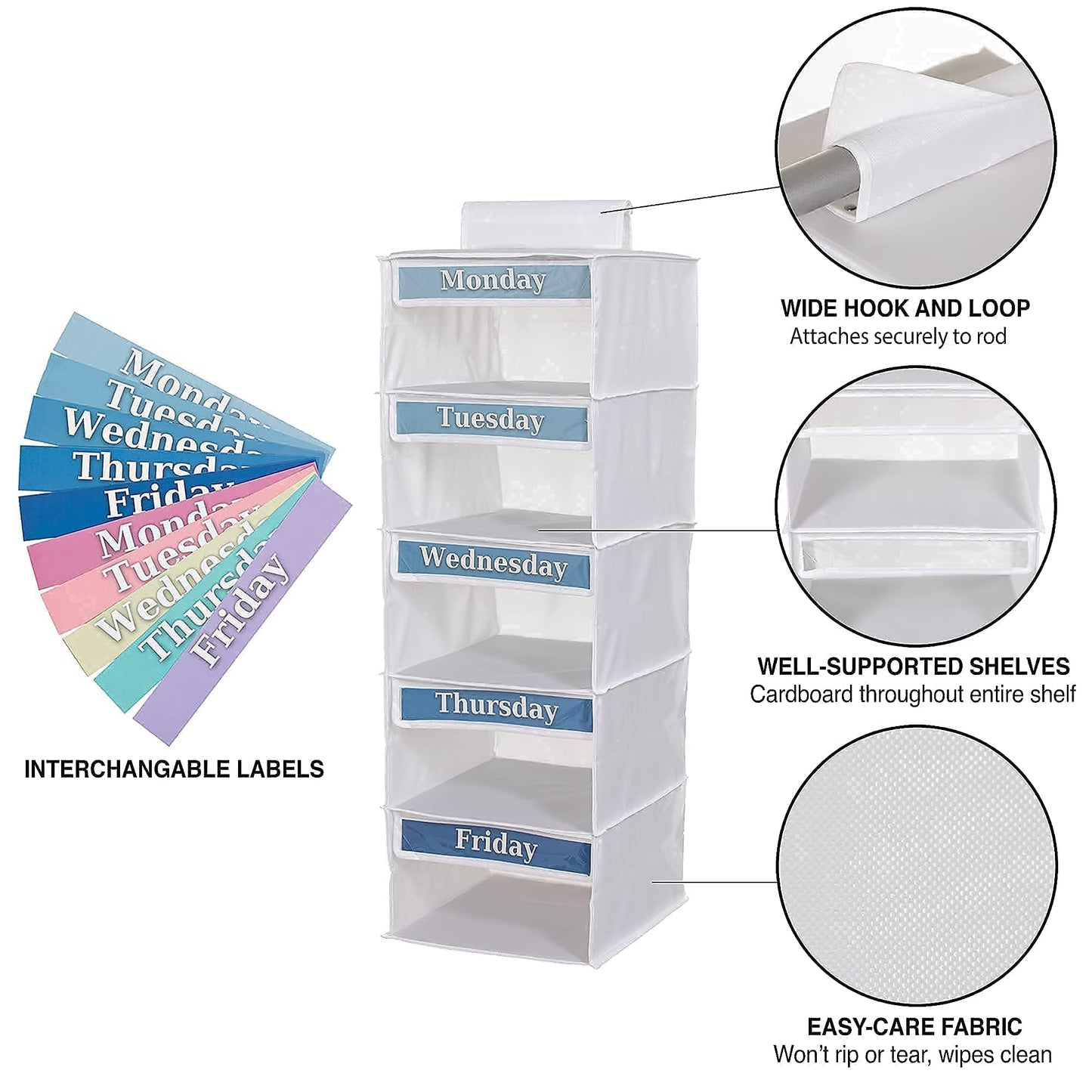 Three Sweet Peas Co 5-Shelf Weekly Clothes Organizer for Kids (33”) Weekday I School Day of The Week Monday Through Friday Organizer, White