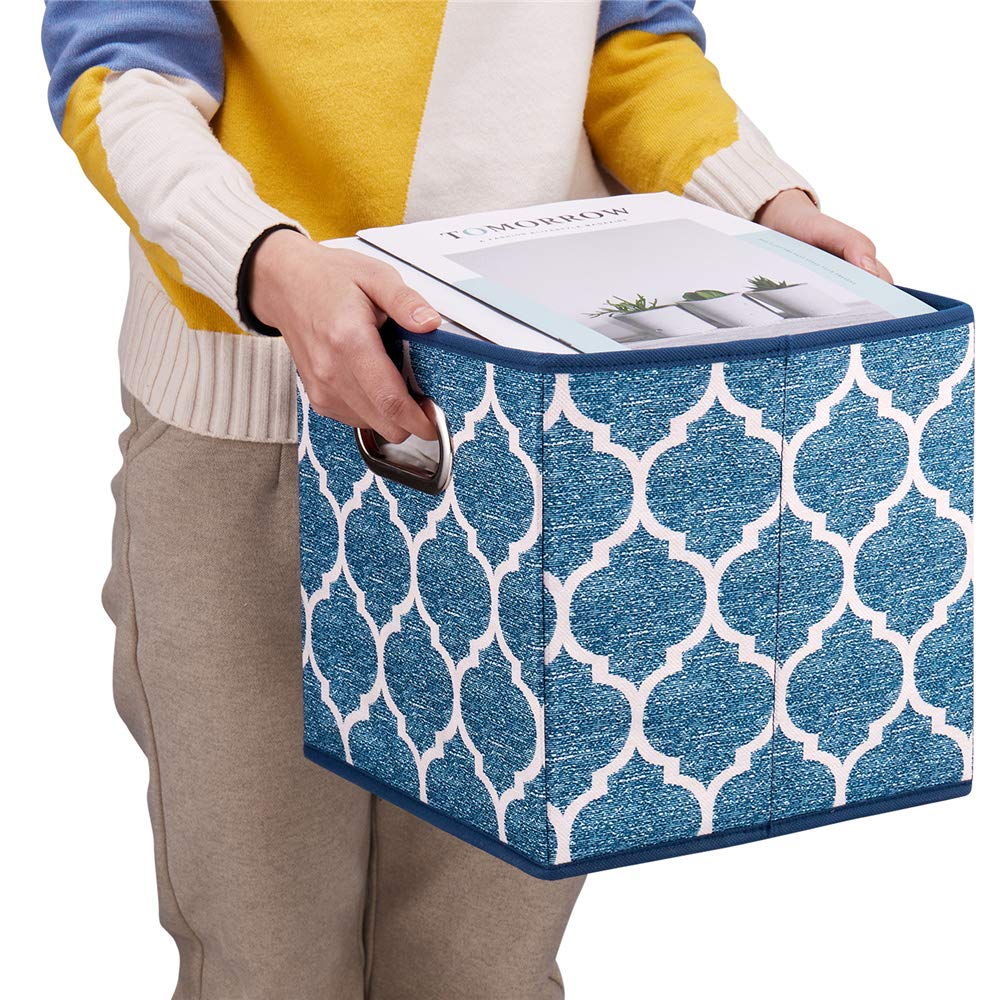 HSDT 3 Cube Storage Bins Blue Navy 10.5x10.5x11 Inch Foldable Grid Lantern Print Fabric Half Storage Basketes for Home Organizers Storage