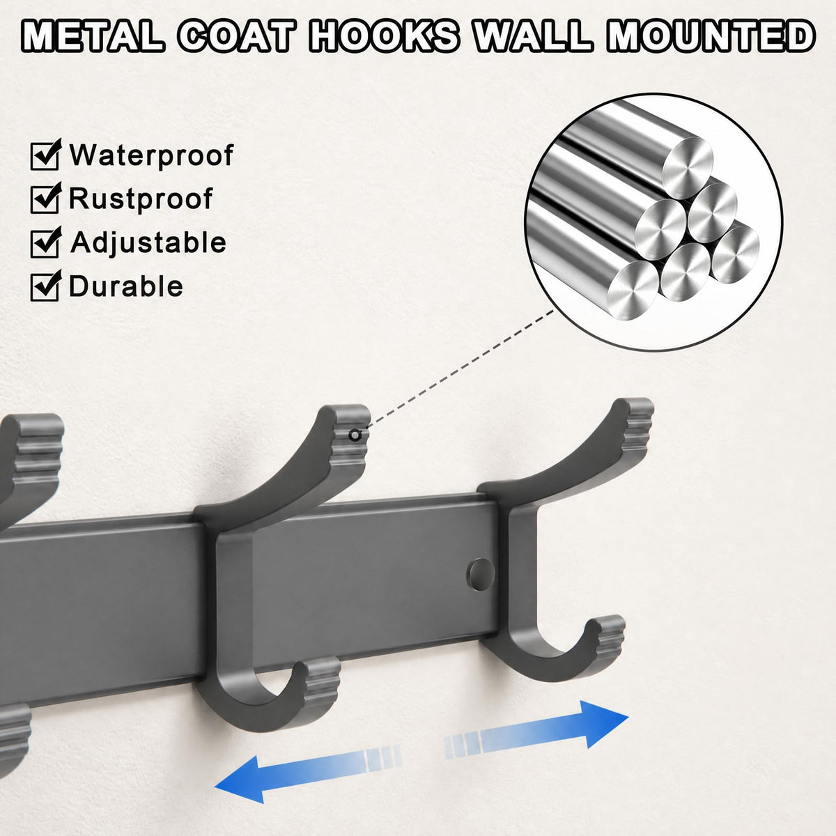 NONETO 2 Pack Coat Hooks Wall Mounted with 6 Movable Coat Rack Grey