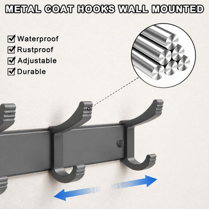 NONETO 2 Pack Coat Hooks Wall Mounted with 6 Movable Coat Rack Grey