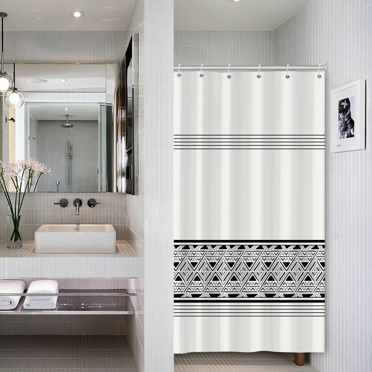 ASDCXZ Stripe Shower Curtain 90x180 cm, Modern Boho Style Rule Black White Geometry Bath Washable Narrow Shower Curtains Polyester Textile Waterproof