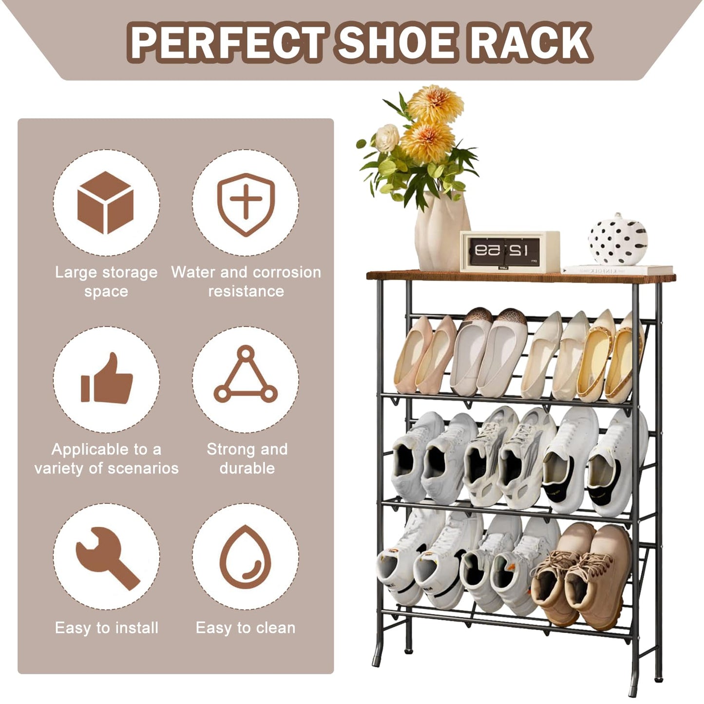 SHMSHNG Shoe Rack Slim Metal Shoe Rack with 4 Levels, Stackable Small Shoe Rack, Shoe Rack Organiser for 12-16 Pairs of Shoes