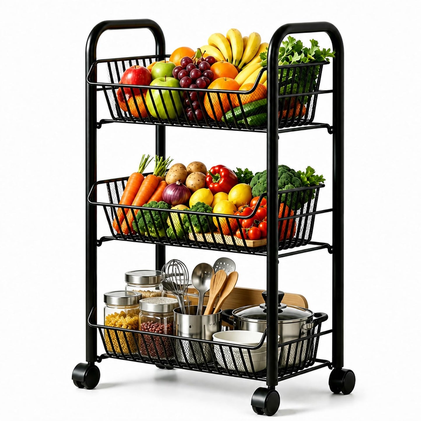 3-Tier Kitchen Trolley on Wheels, Vegetable Storage Rack, Storage Trolley