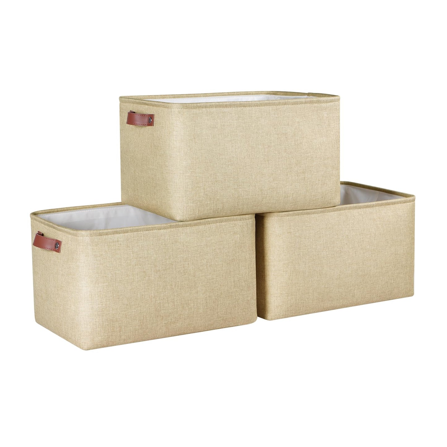 Syeeiex Large Storage Baskets for Shelves with Leather Handle, 3 Pack Fabric Stoarge baskets for Organizing Home, Toys, Office, Clothes (Natural)