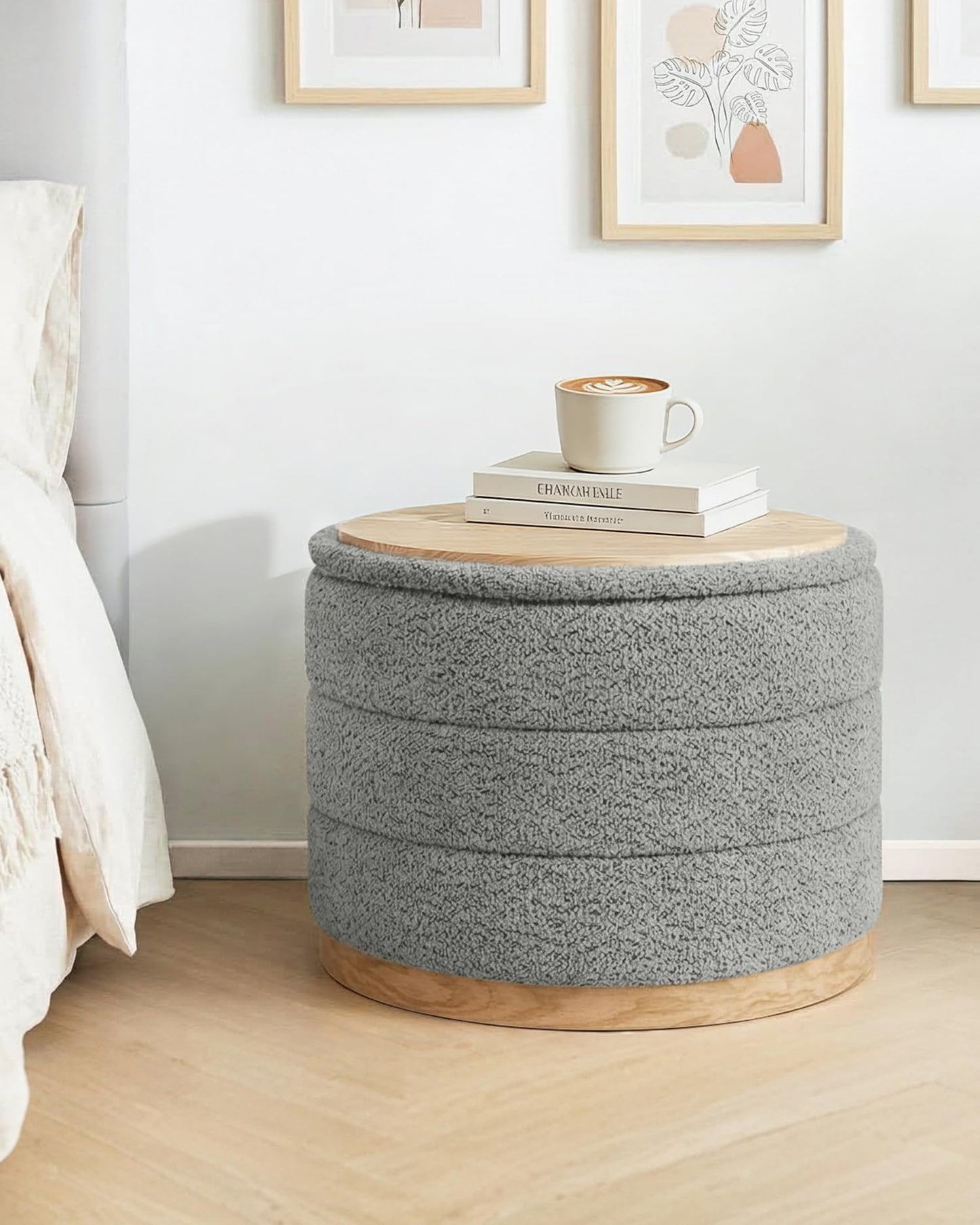 Bonlife Round Chenille Storage Ottoman, Folding Footstool with Table Top, 58x58x44cm, Load Capacity 150kg, for Living Room Bedroom Hallway