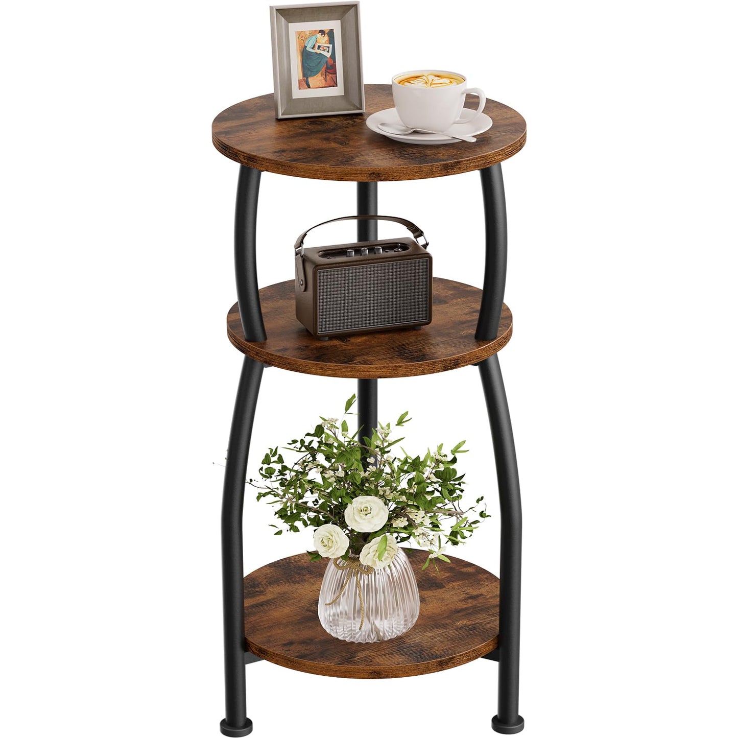 Yuede Round Side Table, 3 Tier Slim Round Coffee Table, Small End Table with Storage Shelf, Bedside Table, for Living Room, Bedroom, Small Space