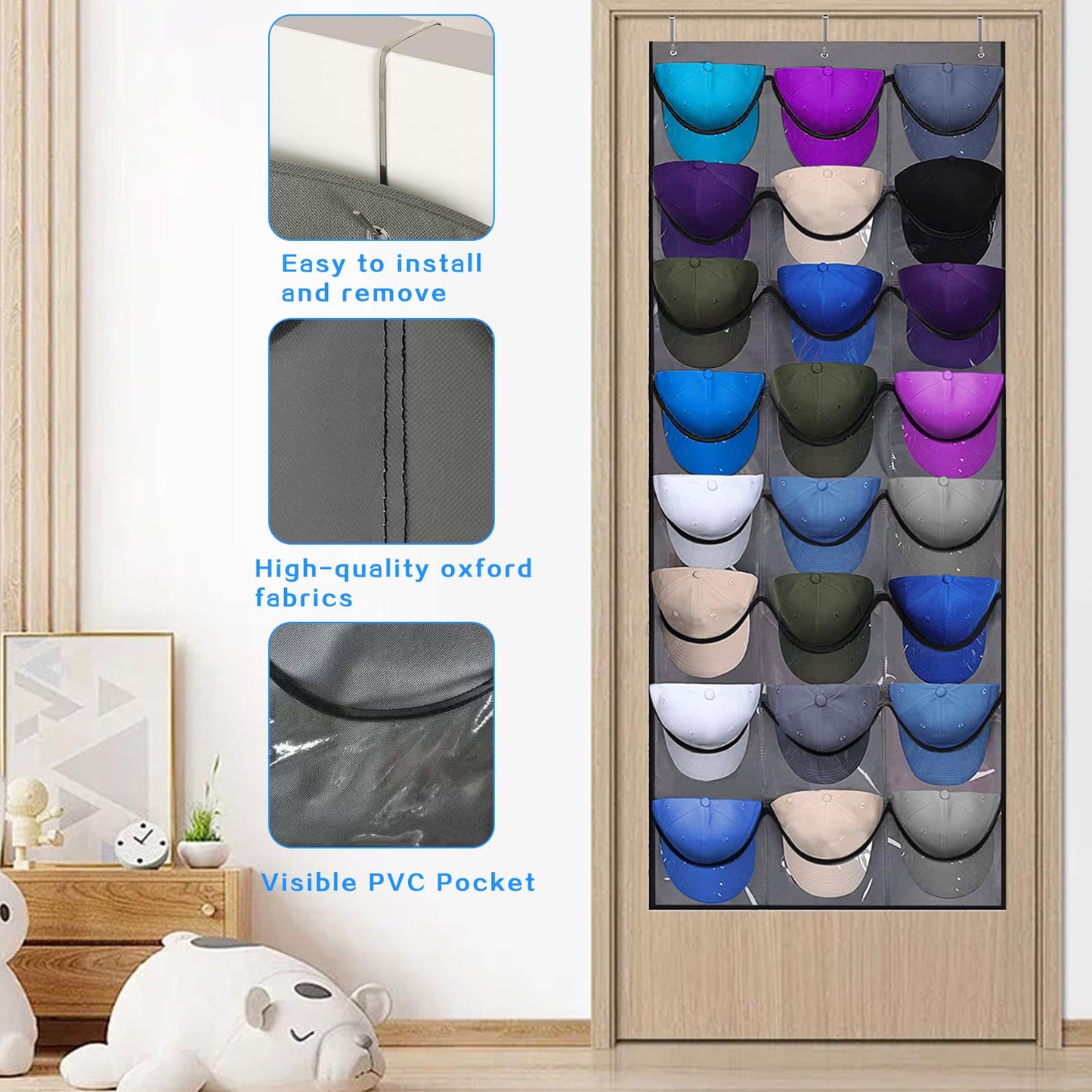 qimeyu Baseball Cap Storage,Baseball Cap Door Organizer,Cap Storage for Baseball Caps,Baseball Cap Rack with Large 24 Clear Deep Pockets,Cap Hanger