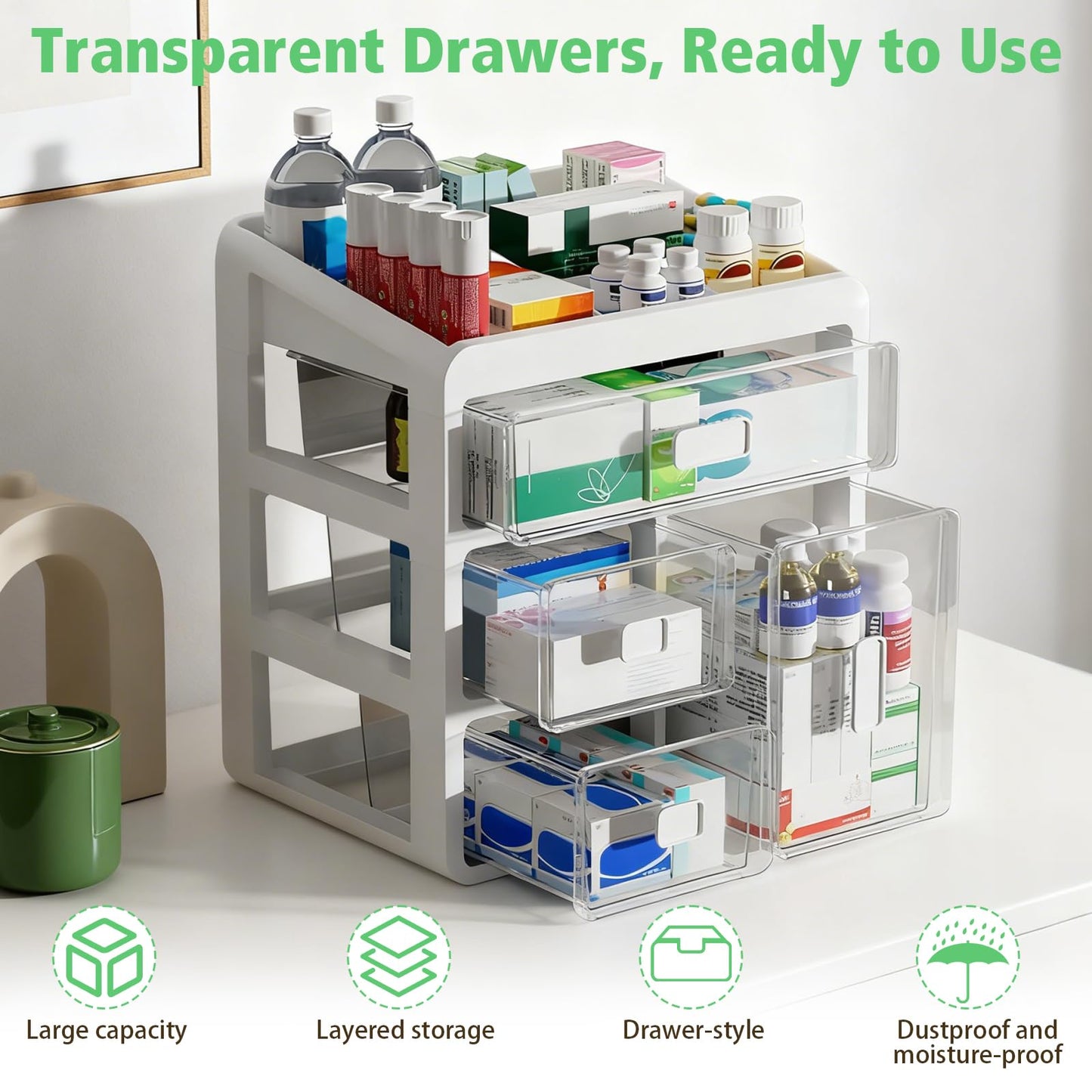 Jenmayt 4-Tier Home Medicine Cabinet Organiser, Medical Storage Container with Transparent Drawer, Medicine Storage, for Medicines, Small Cosmetics