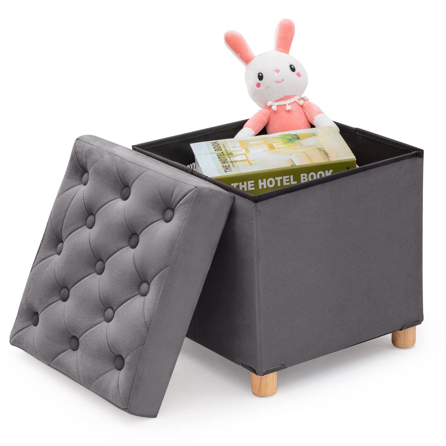BRIAN & DANY Folding Storage Ottoman with Wood Legs, Velvet Footstools Cube for Living Room and Bedroom, 40x 40x 40 cm, Gray