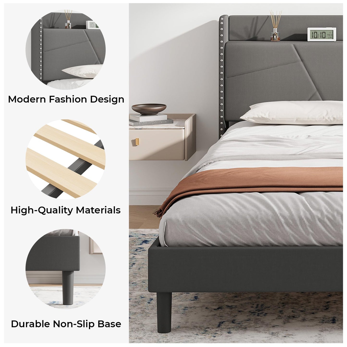 IRONCK 5ft King Size Bed Frame with Charging Station, Bed Frame King with Upholstered Storage Headboard, Sturdy Wooden Slat Support