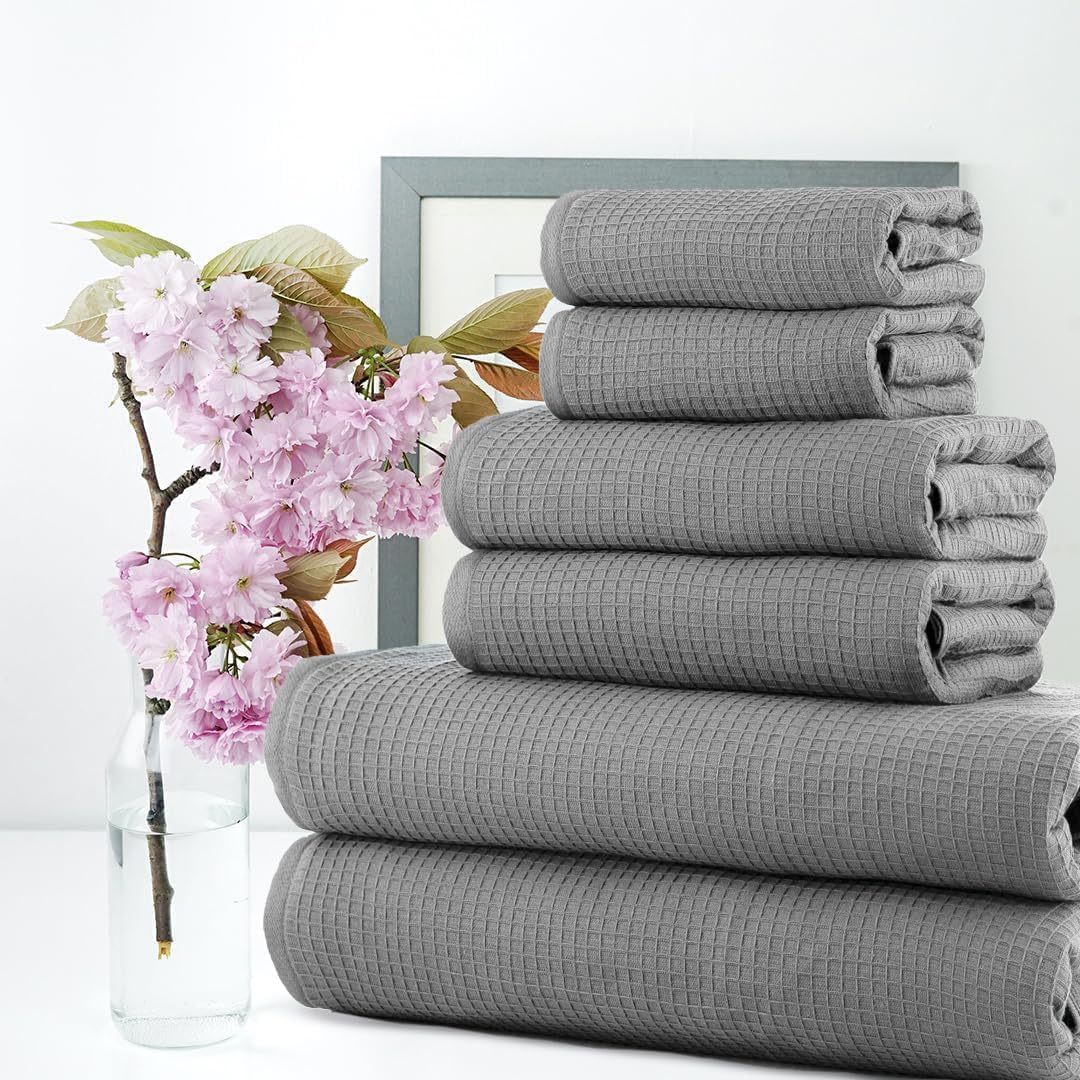 CASA COPENHAGEN Waffle Terry 6-Piece Set, Cotton, extra large, luxurious, Gray-Violet, 2 bath towels XL, 70x140 cm, 2 large hand towels, 50x80 cm