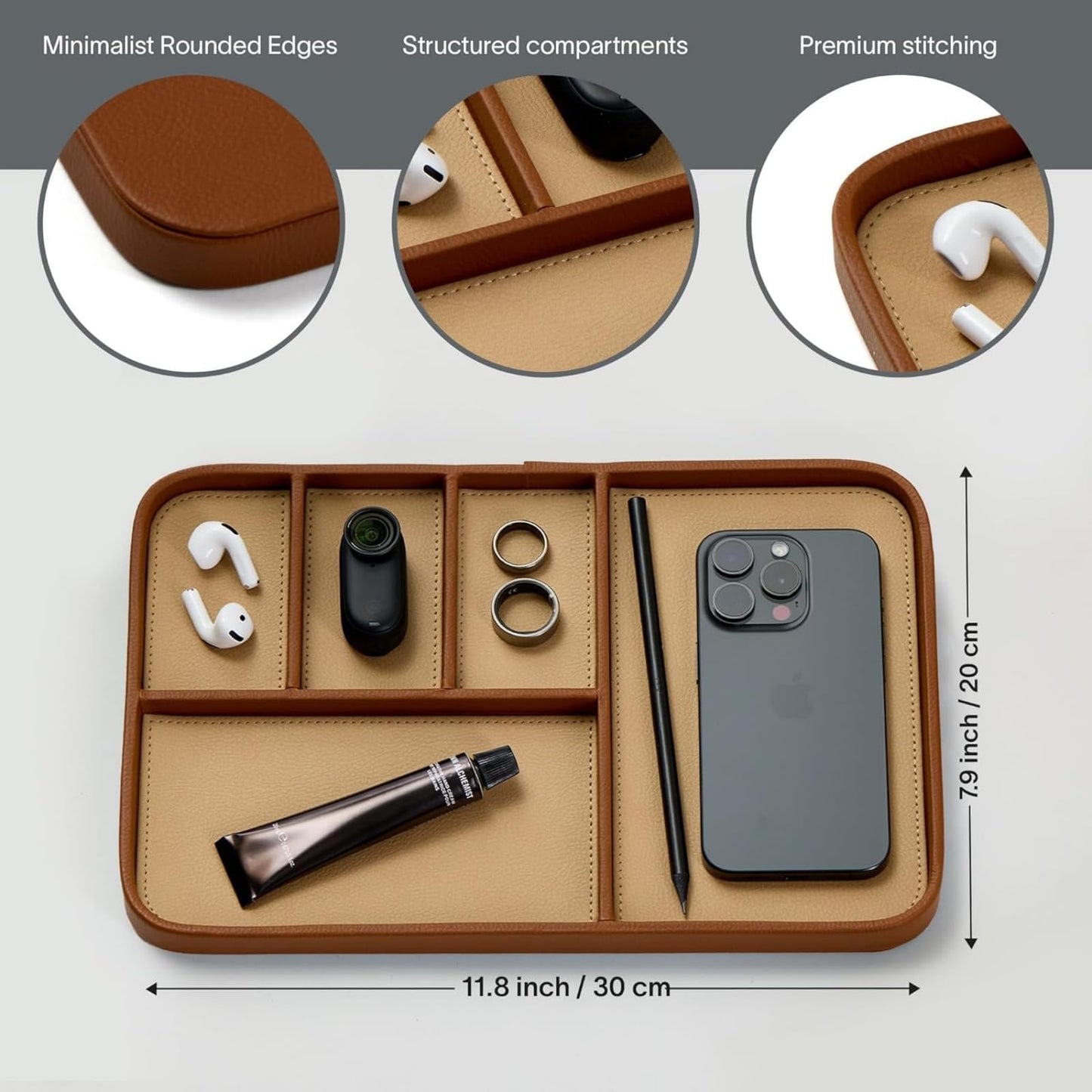 HapSmile PU Leather Valet Tray,30 x 20 cm Stylish Nightstand Organizer Bedside Desk tray for Watch, Keys, Phone, Wallet, Coin, Jewelry