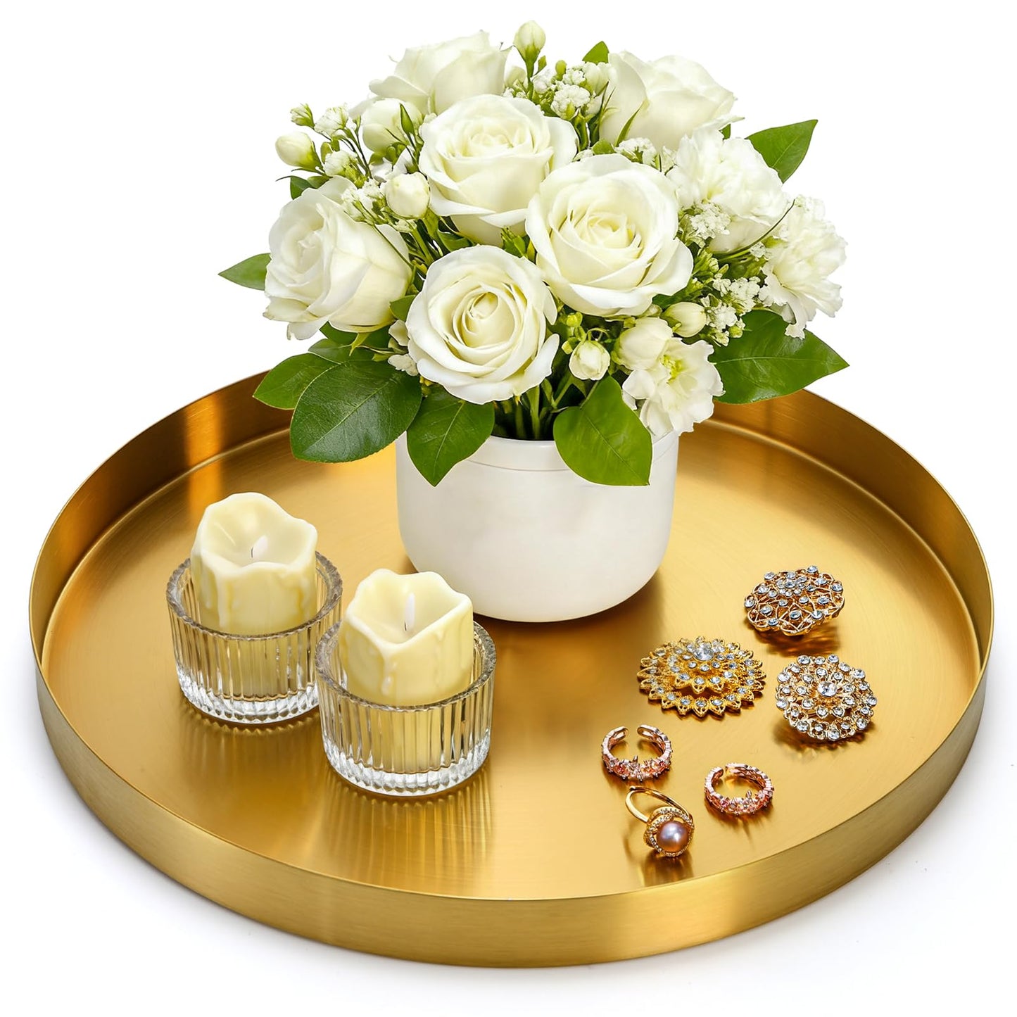 Jucoan 30 CM Round Gold Serving Tray, Modern Brass Decorative Dresser Tray for Jewelry, Perfume, Makeup