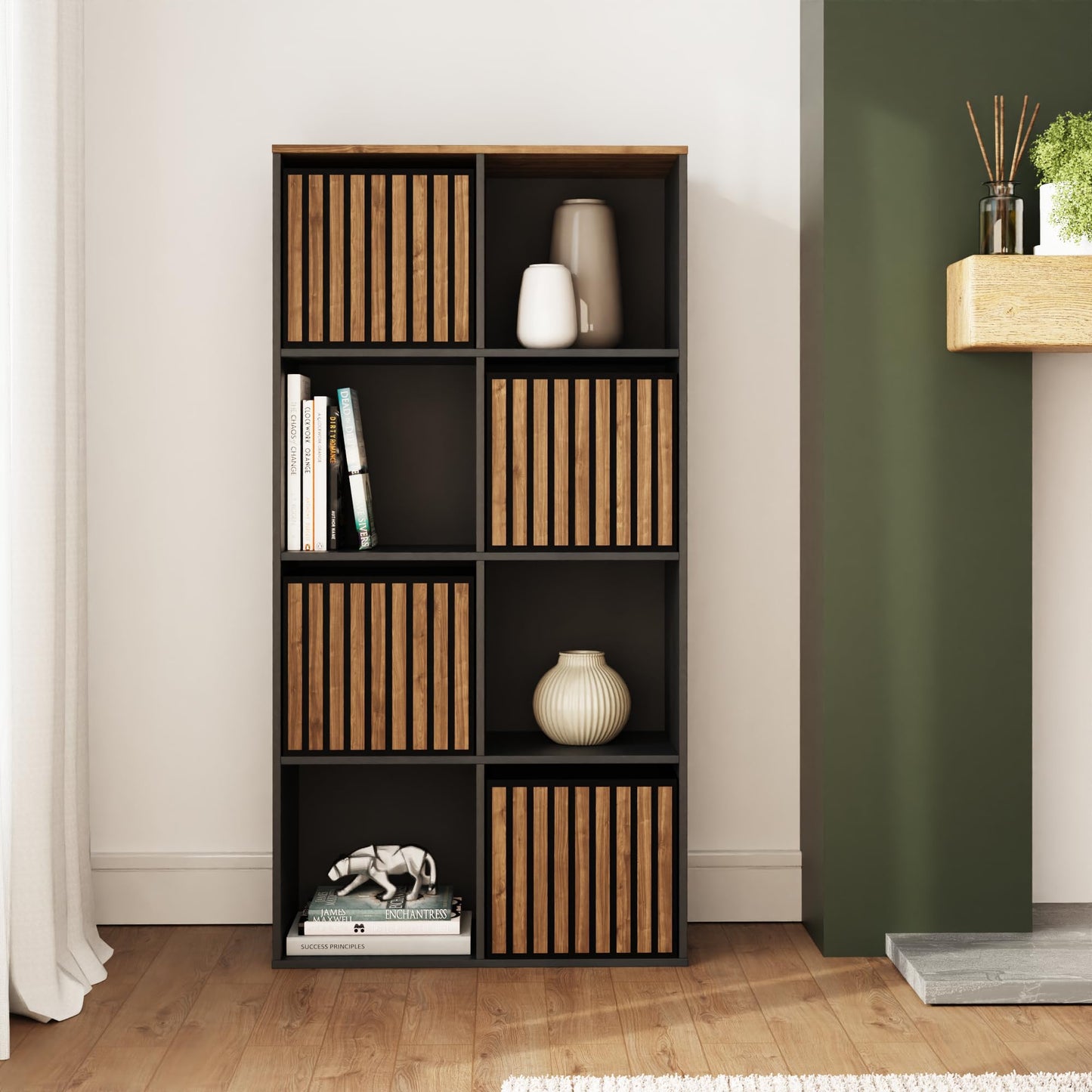 GFW Kube Cube Storage Unit with Open & Hidden Storage, Black & Walnut Effect Shelving Unit for Living Room, Bedroom or Office