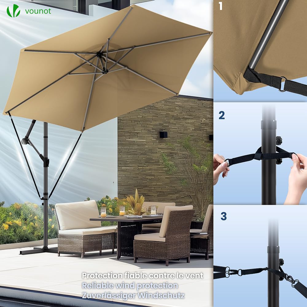 VOUNOT? 3m Cantilever Garden Parasol, Banana Patio Umbrella with Crank Handle, Wind Protection Strap and Tilt for Outdoor Sun Shade, Khaki