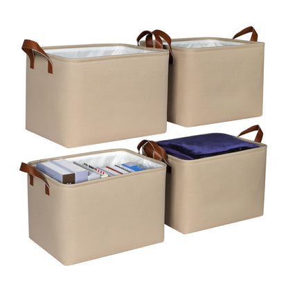 Syeeiex Storage Baskets for Shelves 4 Pack, Fabric Storage Boxes with Leather Long Handles, Foldable Storage Basket for Toys, Clothes