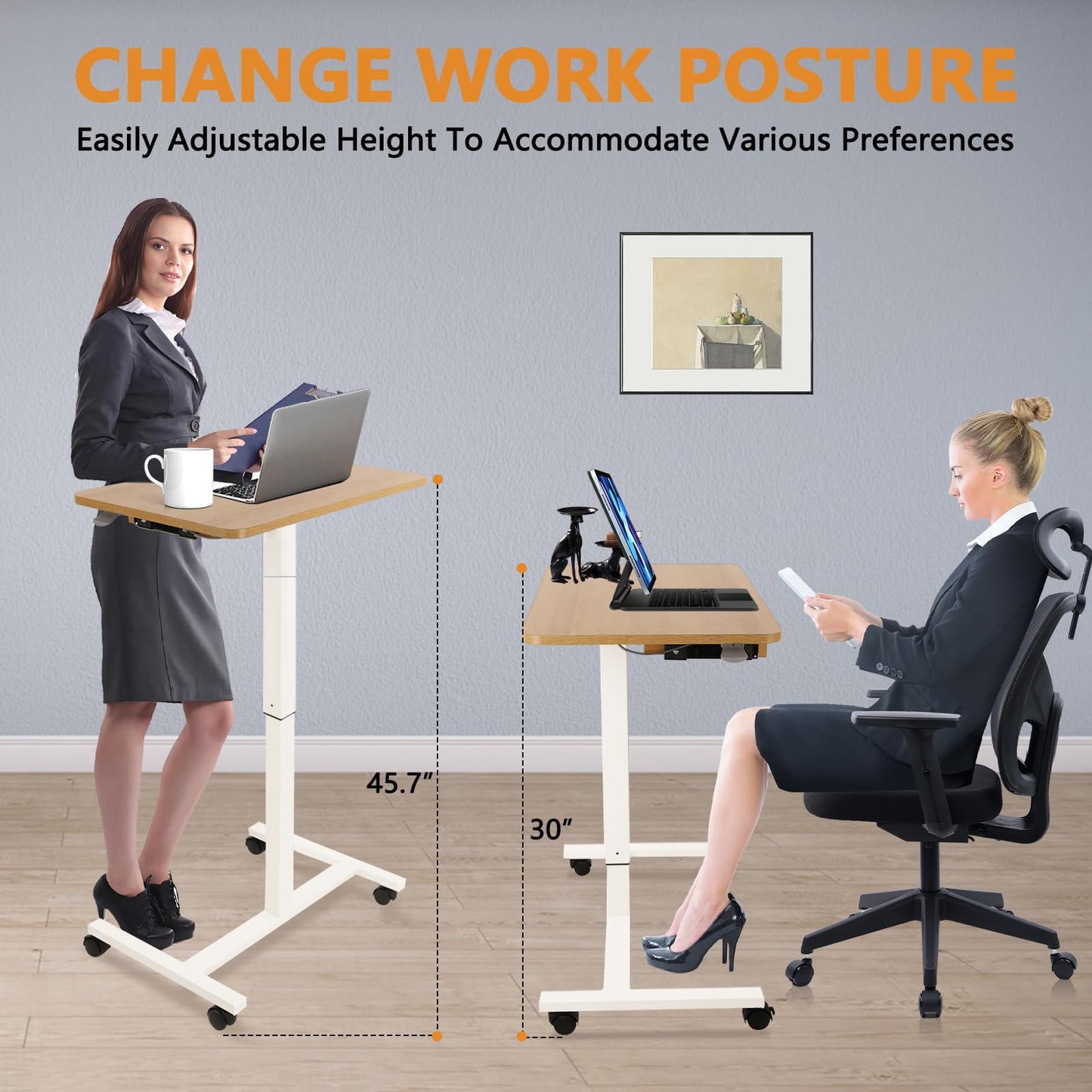 CLATINA Mobile Laptop Standing Desk, Height Adjustable Teacher Podium with Lockable Wheels, Adjustable Work Table with Drawer