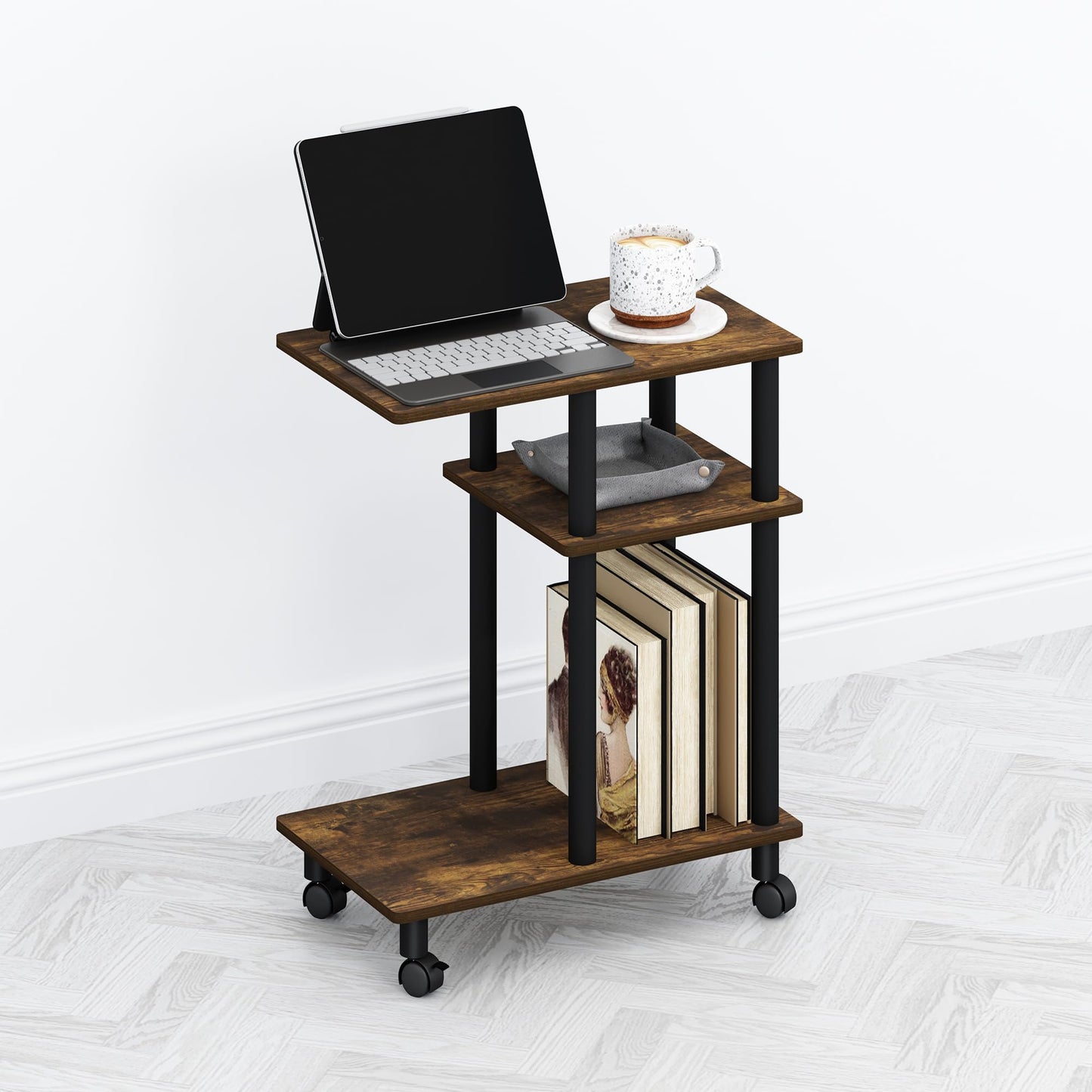 Furinno TOMI Side Table, 3-Tier C-Shape Open Shelf End Table with Wheels, Night Stand, Bedside Table, Toolless Assembly, for Living Room, Bedroom