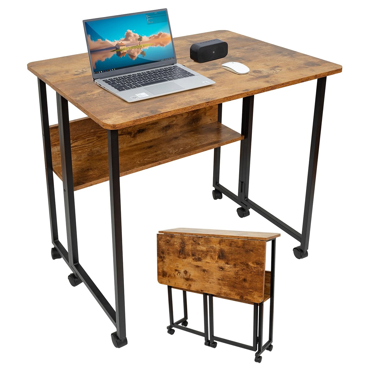 Fiutazge Folding Desk, Folding Desk with Wheels, Small Folding Computer Desk with Shelf, Side Table, Folding Table for Home Office, Industrial Design