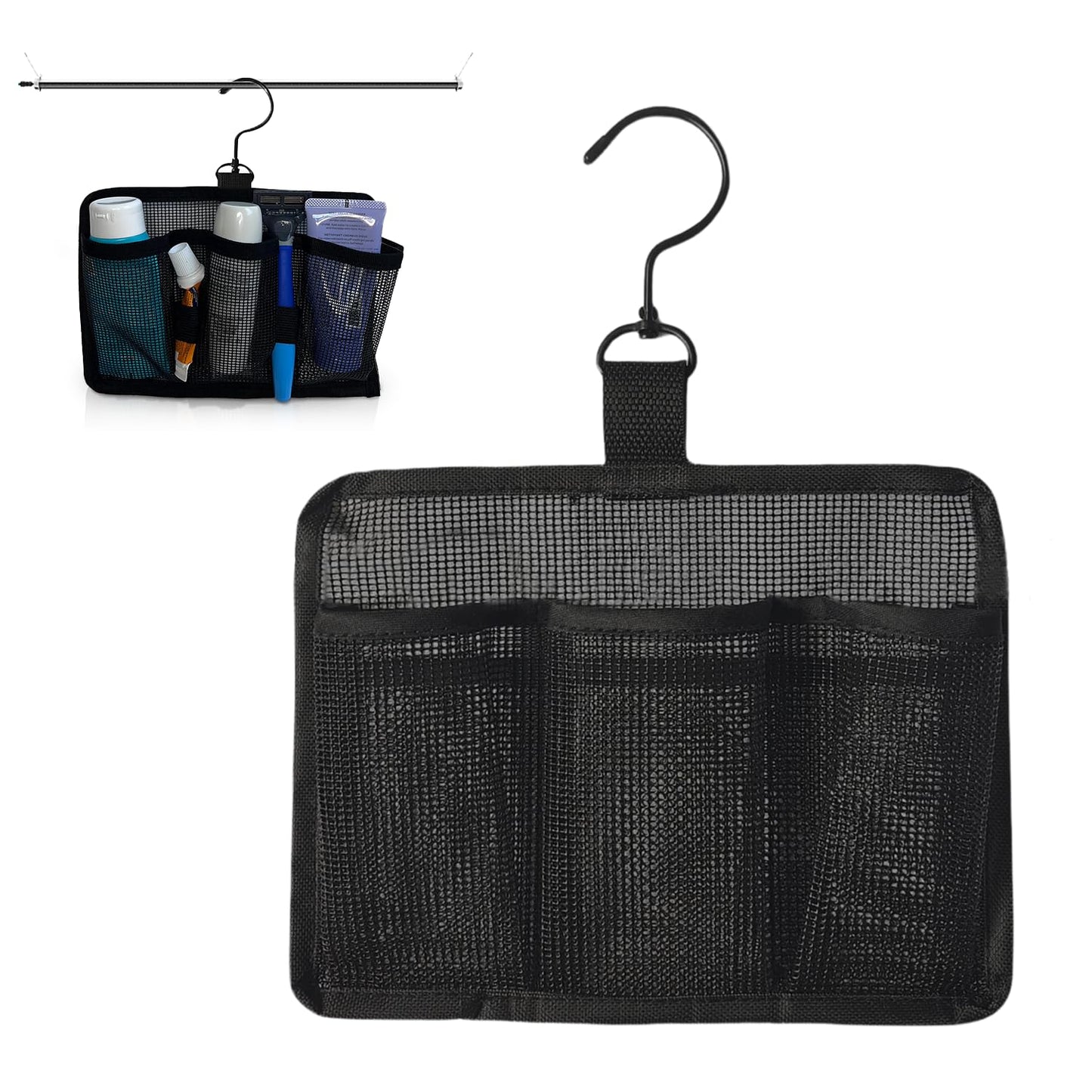 Cunegra Hanging Mesh Shower Bag with Hook, Large Capacity Mesh Shower Caddy with 3 Compartments, Portable Organizer for Dorm, Gym, Travel (Black)