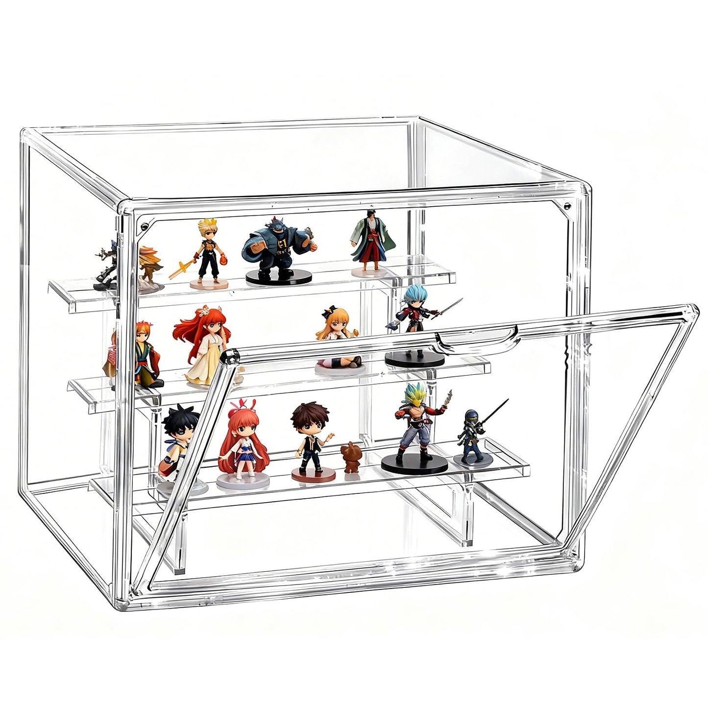 Akamino Acrylic Display Case with Removable 3-Tiered Shelves, 36 x 23 x 27cm Stackable Display Box Dustproof Countertop Cube with Openable Door