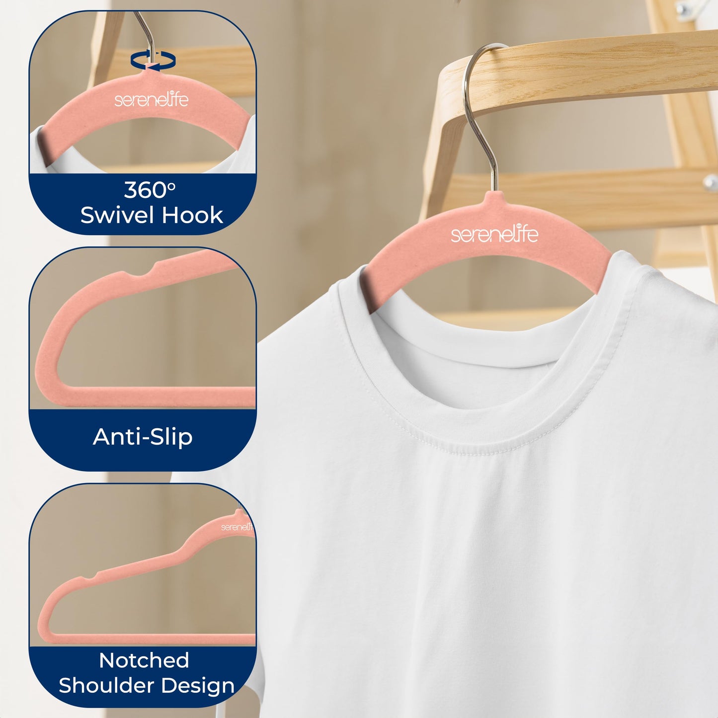 SereneLife Velvet Hangers, Pink, 50-Pack - Non-Slip Adult Coat Hangers