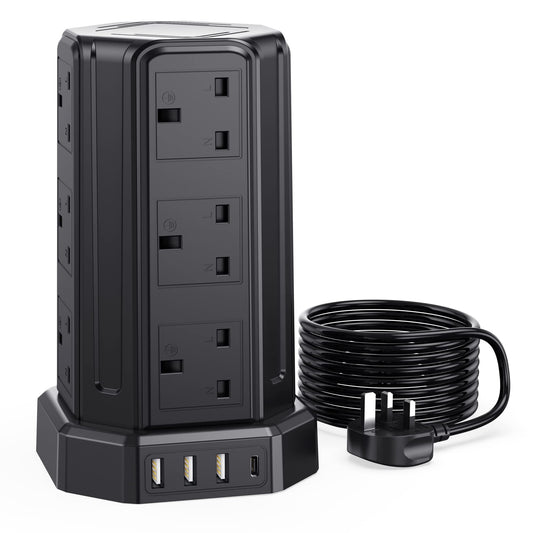 Extension Lead 5M, [13A 3250W] 12 Way Tower Extension Lead Multi Plug Extension Sockets with 4 USB Slots, Surge Protector Extension Cable 5M for Home,