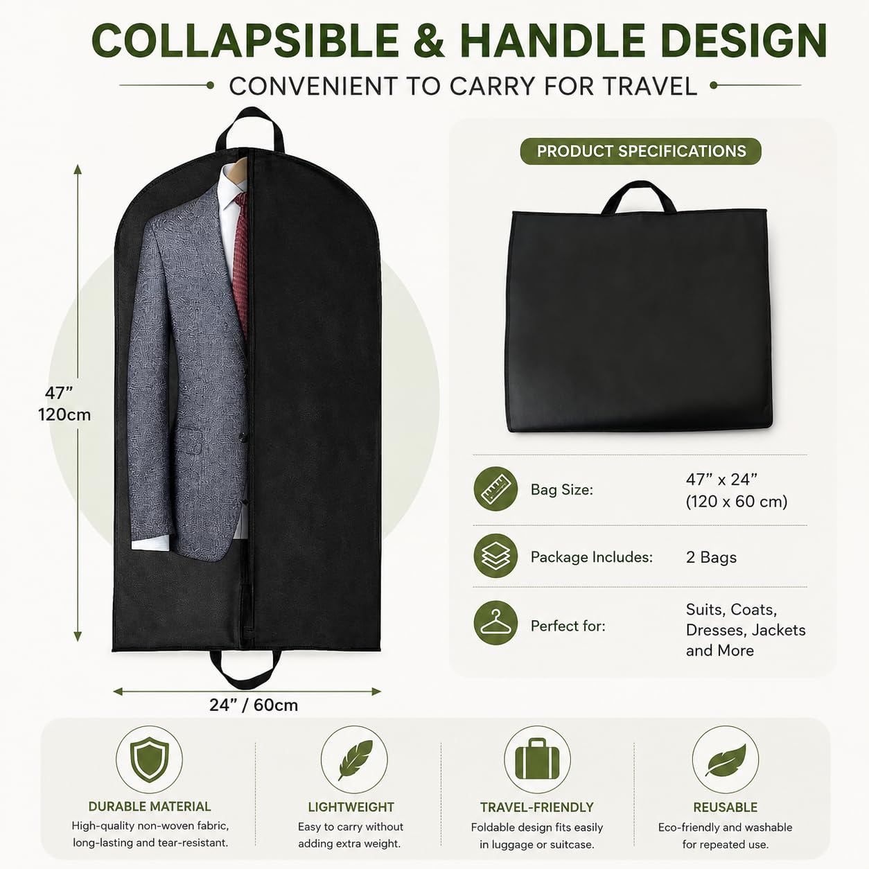 Yelinosk 2 PCS Black Suit Bag for Man 60x120cm, Dust Cover, Carrier, Storage Bag for Coats, Tuxedo