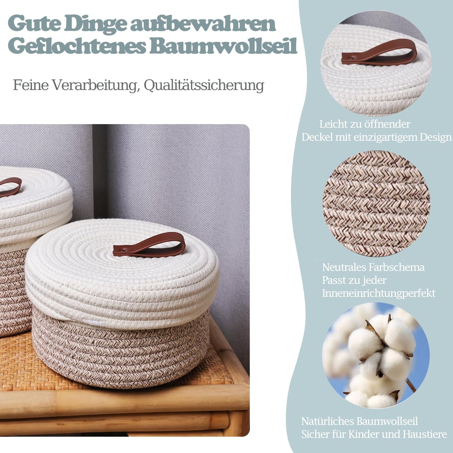 Yearonan 2 Pieces Storage Baskets with lids-Cotton Rope Lidded Basket-Natural cotton thread, leather buckle