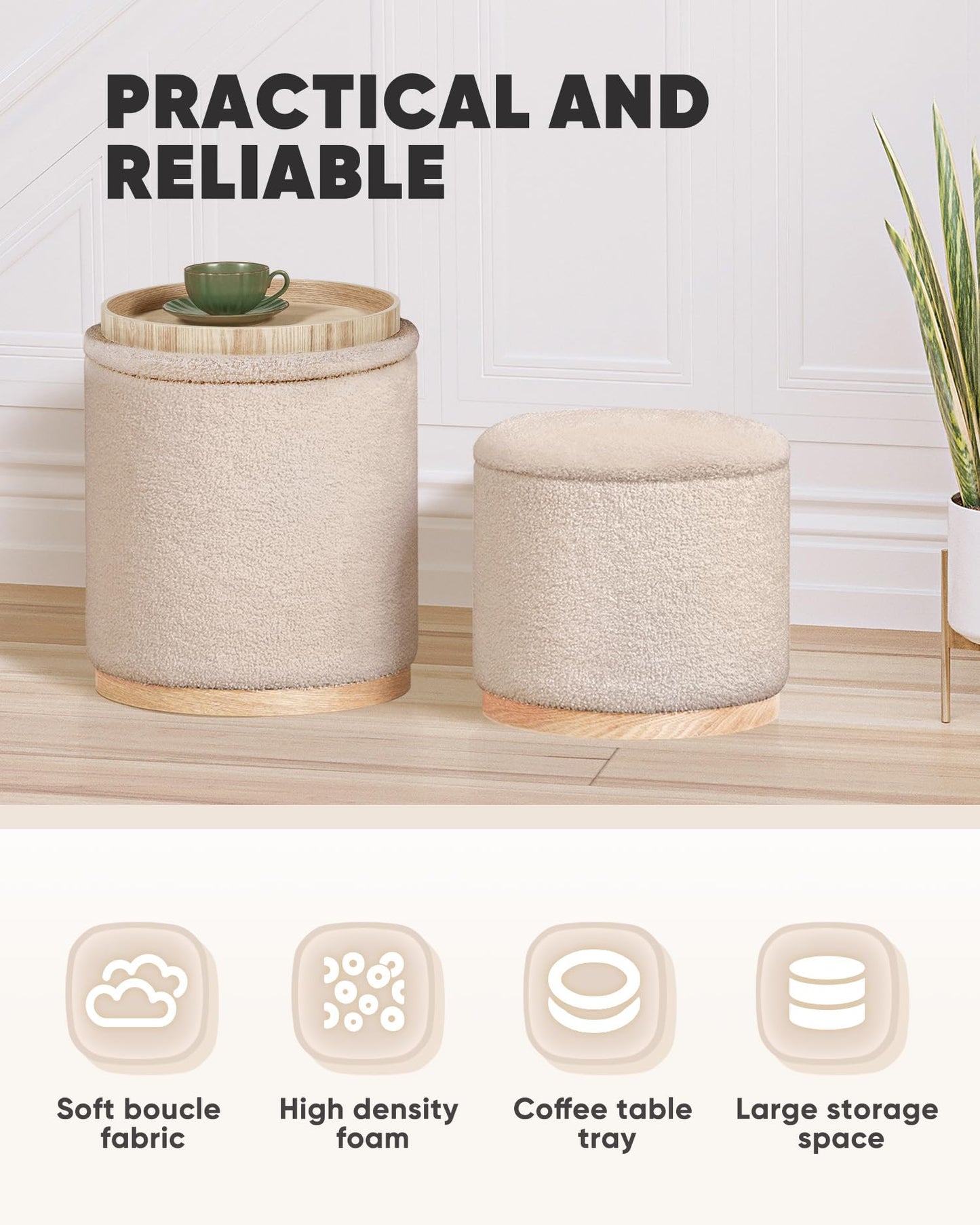 Bonlife Set of 2 Round Ottoman with Tray, Vanity Stool with Storage