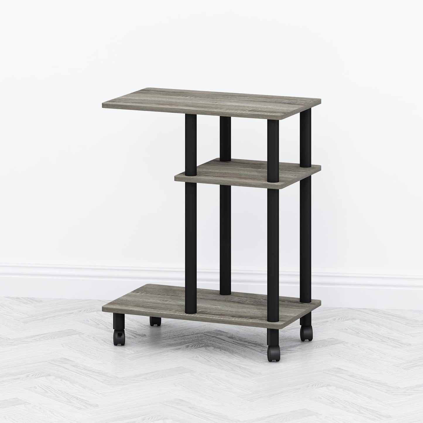 Furinno TOMI Side Table, 3-Tier C-Shape Open Shelf End Table with Wheels, Night Stand, Bedside Table, Toolless Assembly, for Living Room, Bedroom