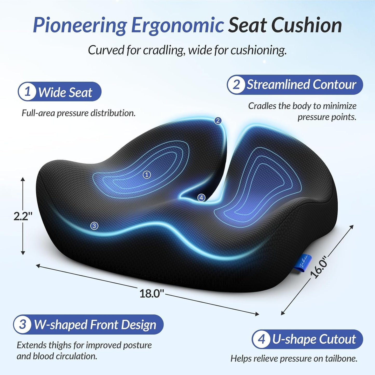 HoldOneLight Ergonomic High Density Memory Foam Seat Cushion, Pioneering Pressure Relief Design for Tailbone, Sciatica, Back & Hemorrhoid Pain