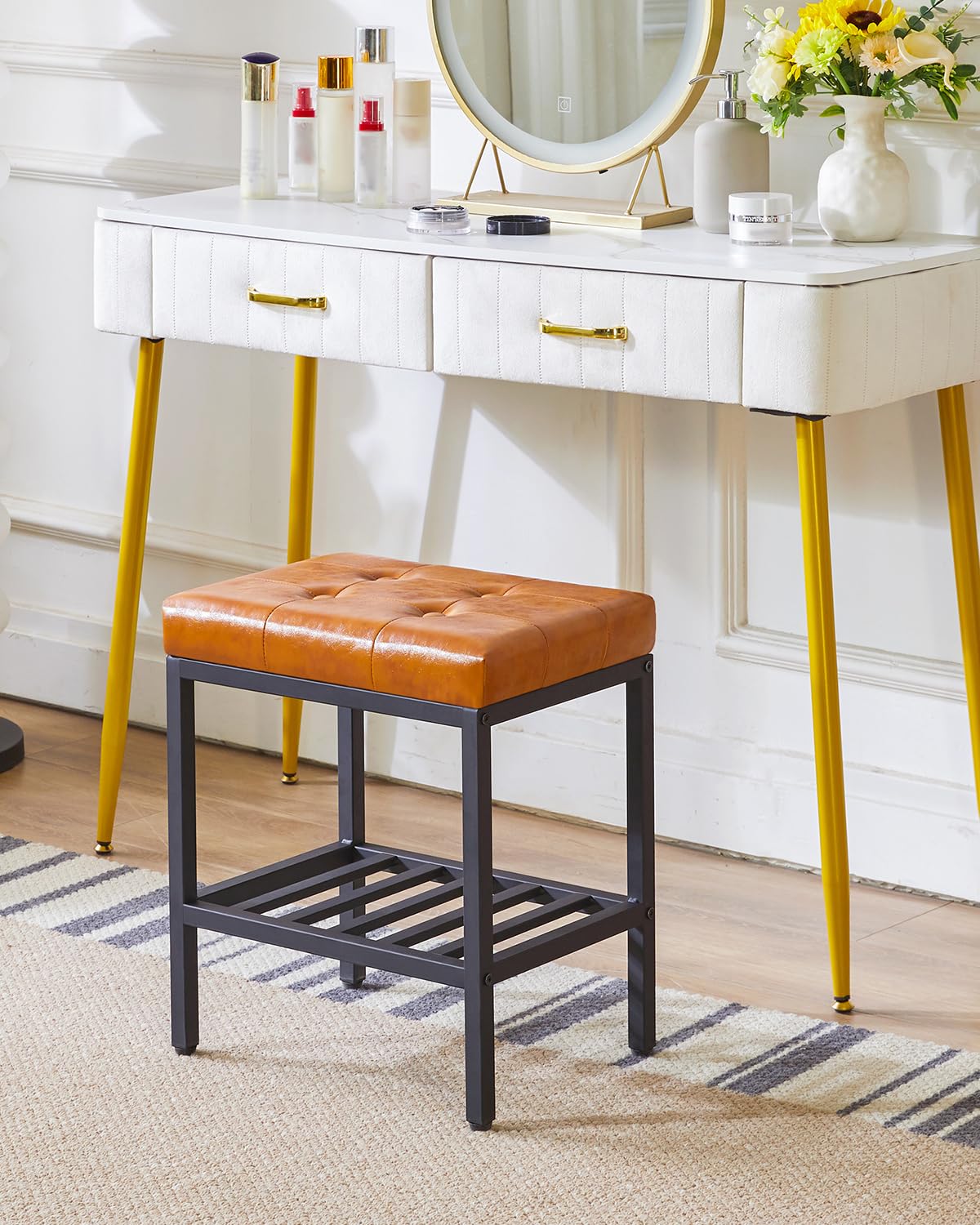 IBUYKE Rectangular Makeup Stool, PU Seat Vanity Chair, Light Brown WBD017J