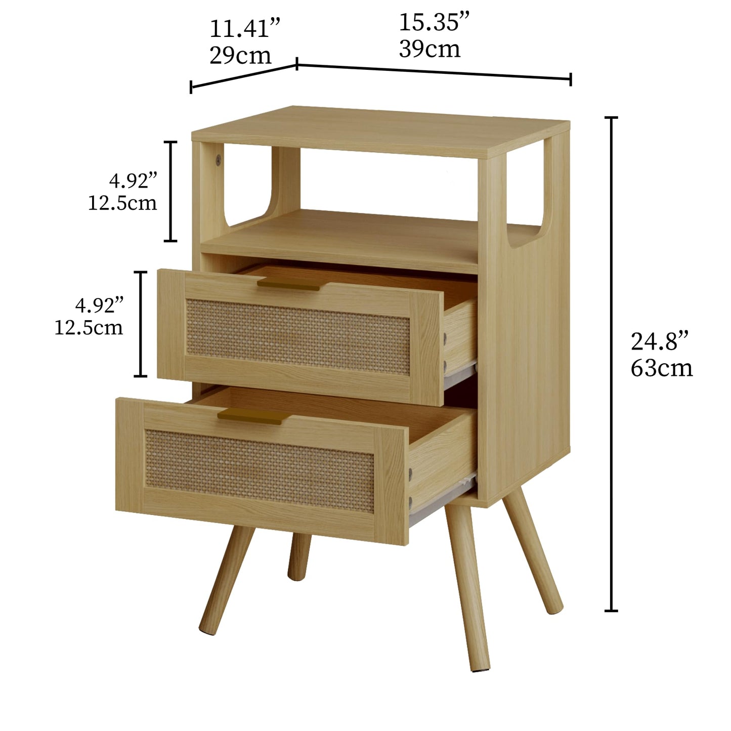 JERX Rattan Bedside Table, Farmhouse Nightstand with 2 Storage Drawer and Open Wood Shelf, for Bedroom and Small Spaces