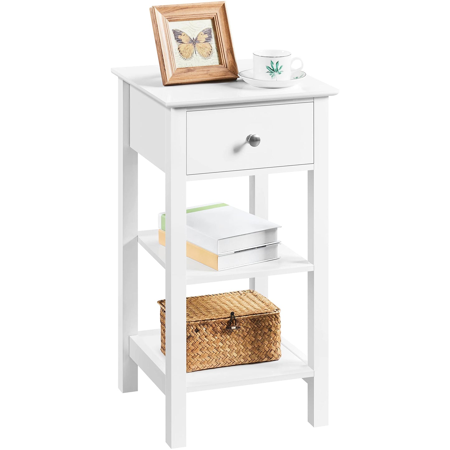Yaheetech Bedside Table with Drawer and 2 Open Shelves, White